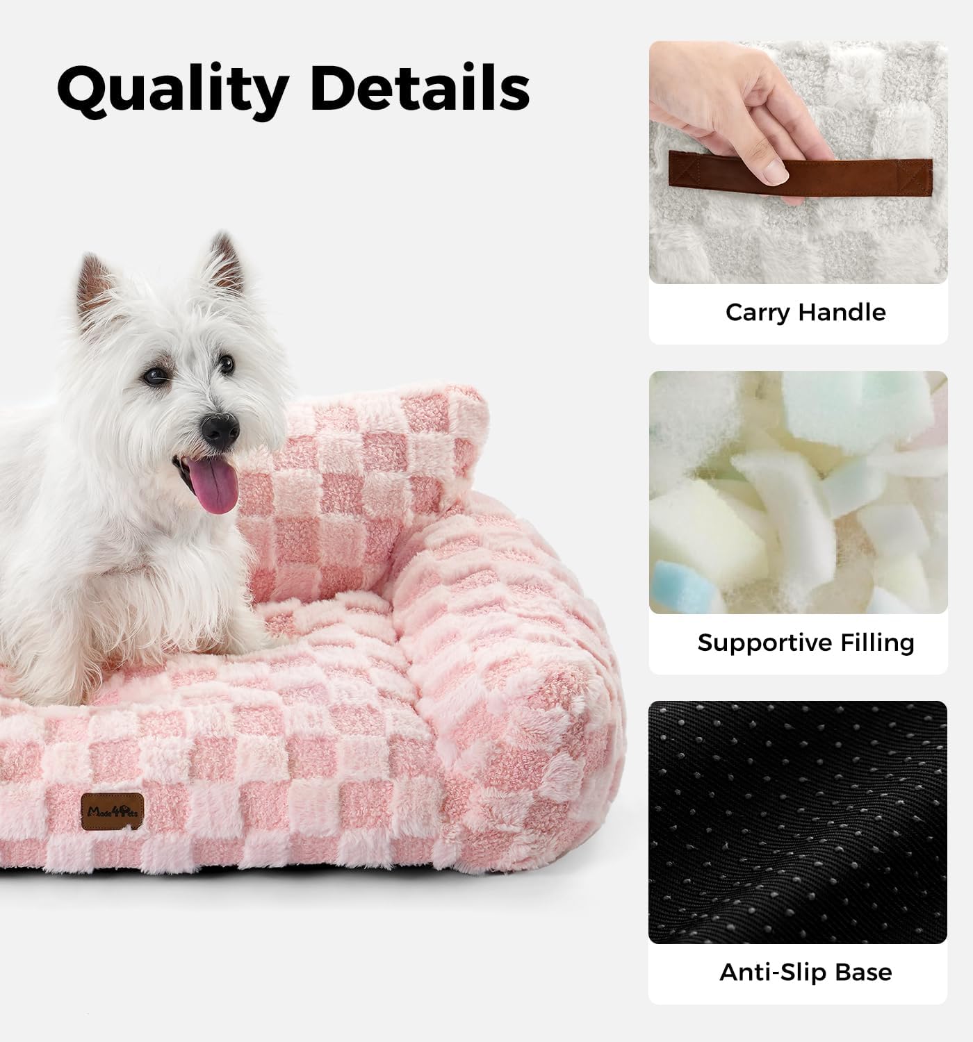 Made4Pets Dog Couch Bed, Soft Faux Fur Checkered Pet Sofa, Comfortable Fluffy Dog Sofa with Supportive Foam, Removable Washable Cover with Non-Slip Base, Pink, Large