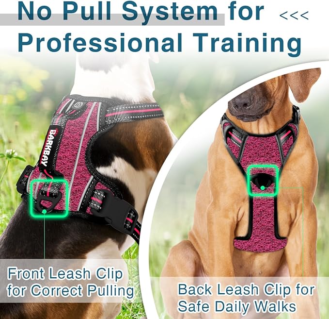 BARKBAY Dog Harness No Pull with ID Tag Pocket - Heavy Duty, Reflective, Easy Control for Large Dogs(Pink/Black,L)