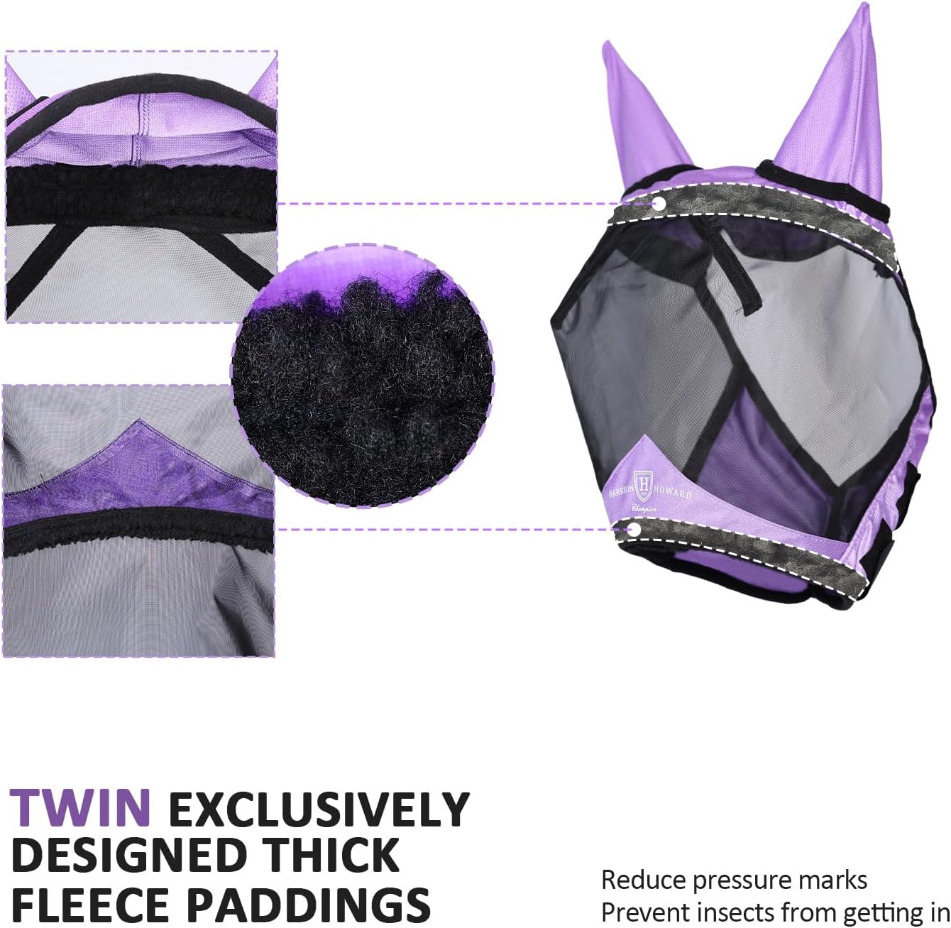 Harrison Howard Pro Luminous Horse Half Face Fly Mask Large Eye Space with Ears UV Protection for Horse Gentle Lavendar M