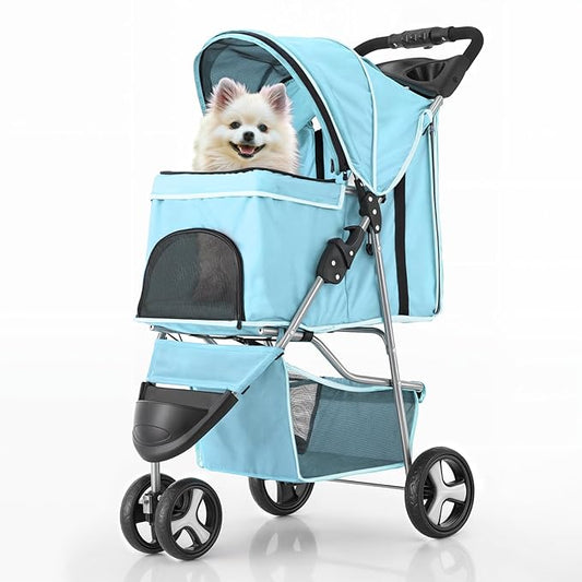 MoNiBloom 3 Wheels Pet Dog Cat Stroller for Small Medium Dogs Cats, Lightweight Foldable Jogger Stroller w/Storage Basket and Cup Holder, Mint Green