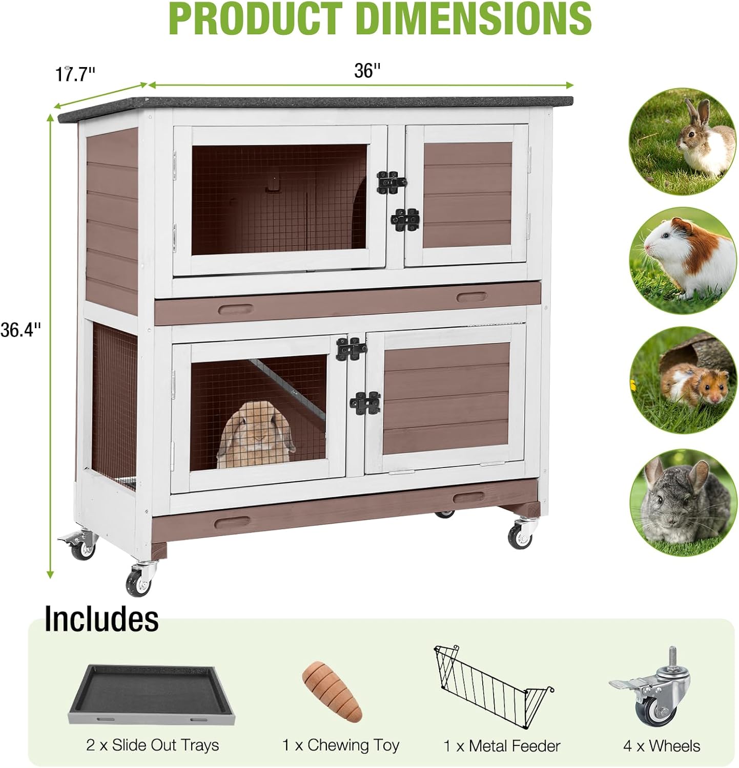 2-Story Rabbit Hutch Indoor Bunny Cage Wooden Guinea Pig House with Chew-Proof Ramp, Leakproof Slide-Out Trays, Lockable Caster Wheels for 1-3 Rabbits (Brown)