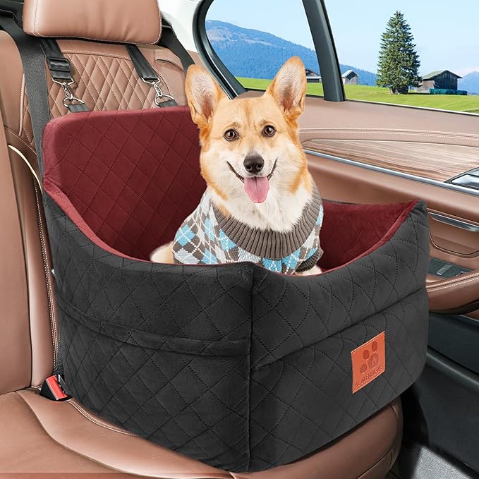 Dog Car Seat for Small/Medium Dogs, Dog Booster Car Seats with Thick Cushion for Dogs Under 35lbs, Detachable Washable Pet Car Seat with Storage Pockets, 2 Safety Belts(Black/Red)