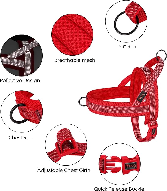 Didog No Pull Dog Harness with Breathable Mesh Padded, Full Reflective & Quick Fit Adjustable Vest Harness, Easy for Training Walking for Small & Medium and Large Dogs (Red, L:Chest 26-32")