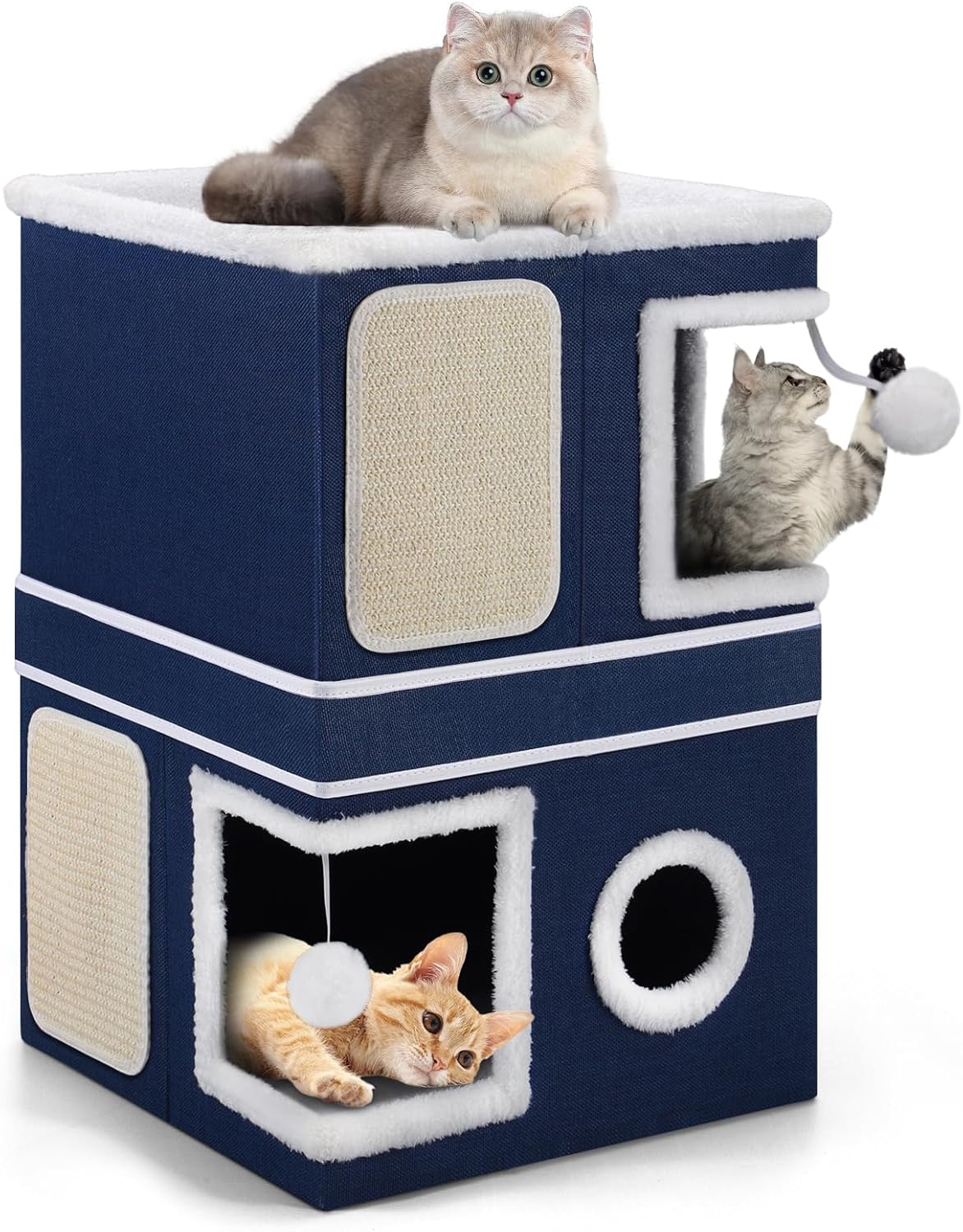 2-Storey Cat House for Indoor Cats, Large Double Cat Bed Cave with Hideaway Condos, Scratch Pads, Hanging Balls, Foldable Indoor Cat House Hold Up to 30LBS, Cat Cube for Multiple Cats Kitten, Blue