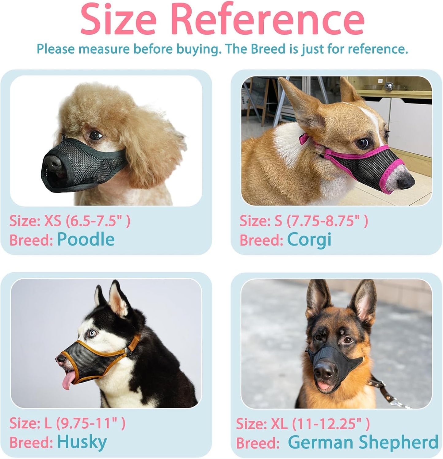 LUCKYPAW Dog Muzzle, Mesh Muzzle for Large Medium Small Dogs, Soft Mouth Guard for Biting Chewing, Breathable Mouth Cover with Adjustable Hook and Loop for Training, Grooming(Black, S)