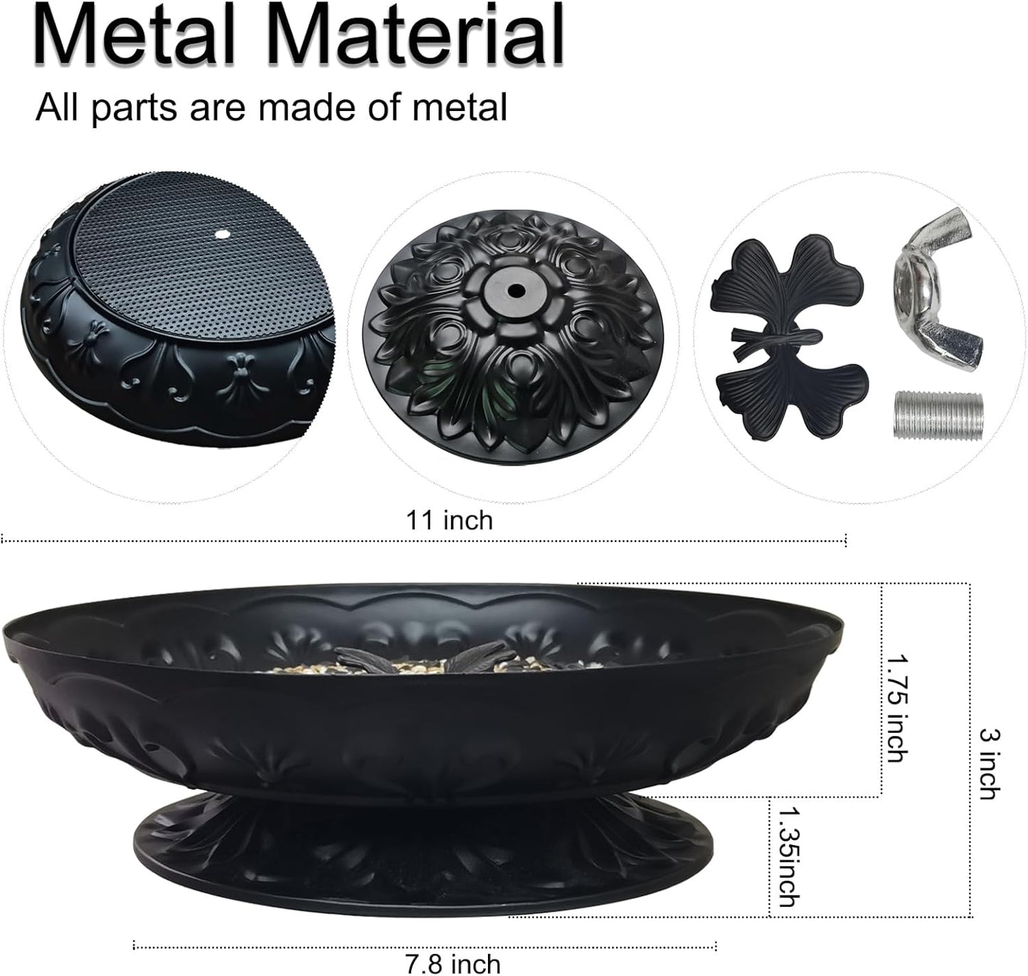 Ground Platform Bird Feeder Tray,11” Metal Large Standing Bird Feeder Mesh Seed Tray，for Outdoor Garden (Black-2 Pack)