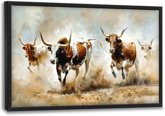 Highland Cow Large Wall Art Wild Animal Running Pictures Farmhouse Rustic Longhorn Wall Decor Canvas Print Painting Artwork for Bathroom Living Room Bedroom 36L" x 24W"