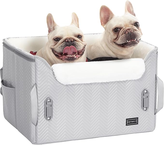 PETSFIT Dog Booster Car Seat, Waterproof PU Leather Car Seat for Dogs with Patented Safe Buckles, 2 Clip-On Safety Leashes, Suitable for 2 Small Dogs or a Medium Dog (Medium, Grey)