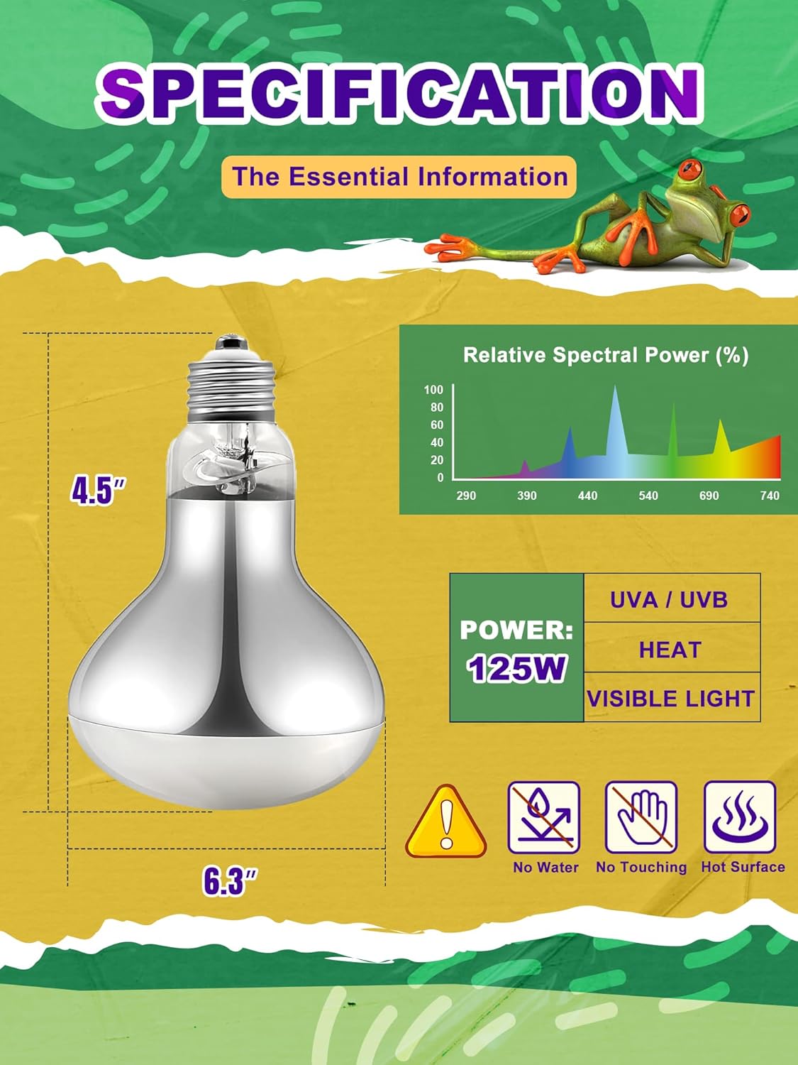 Heat Lamp Bulb, 125 Watt Pack of 2 Full Spectrum UVA UVB Reptile Heat Bulb, Basking Spot Light, Simulate Natural Sun Light for Reptile and Amphibian, Pack of 2