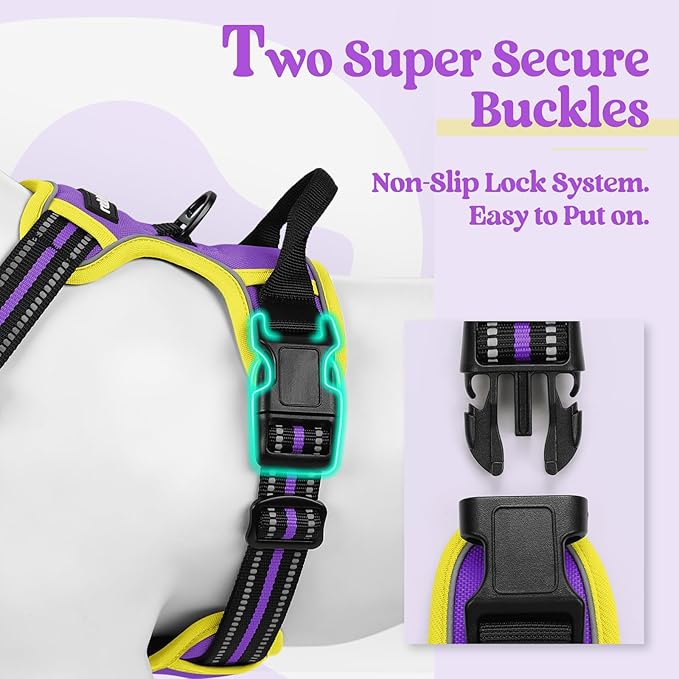 rabbitgoo Dog Harness No Pull with 2 Leash Clips, Adjustable Soft Padded, Reflective Oxford No Choke Pet Vest with Easy Control Handle for Large Dogs, Purple & Yellow, XL