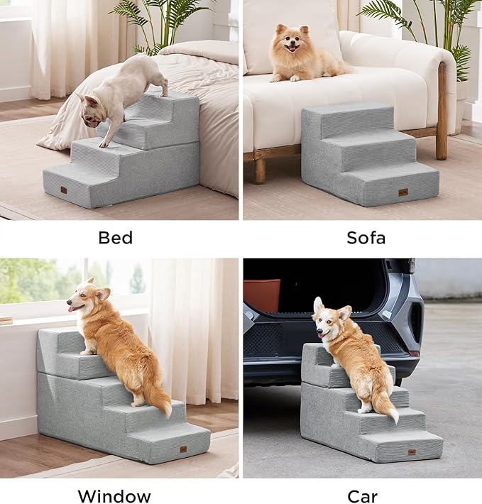 Made4Pets Dog Stairs for Small Dogs, Extra Wide Dog Steps for Bed Couch Sofa and Chair, 35D Foam Pet Steps for Small Dogs and Cats, Non-Slip Bottom Pet Stairs, Light Grey, 3 Steps
