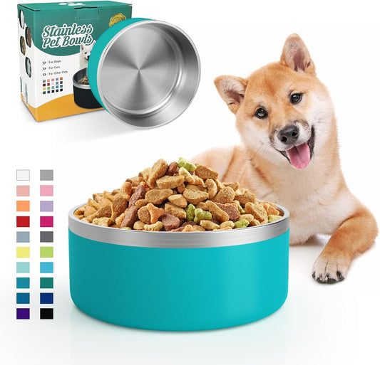 IKITCHEN Dog Bowl for Food and Water, 40 Oz Stainless Steel Pet Feeding Bowl, Durable Non-Skid Double Wall Insulated Heavy Duty with Rubber Bottom for Medium Large Dogs (40 Ounces/5 Cup, Lakeblue)
