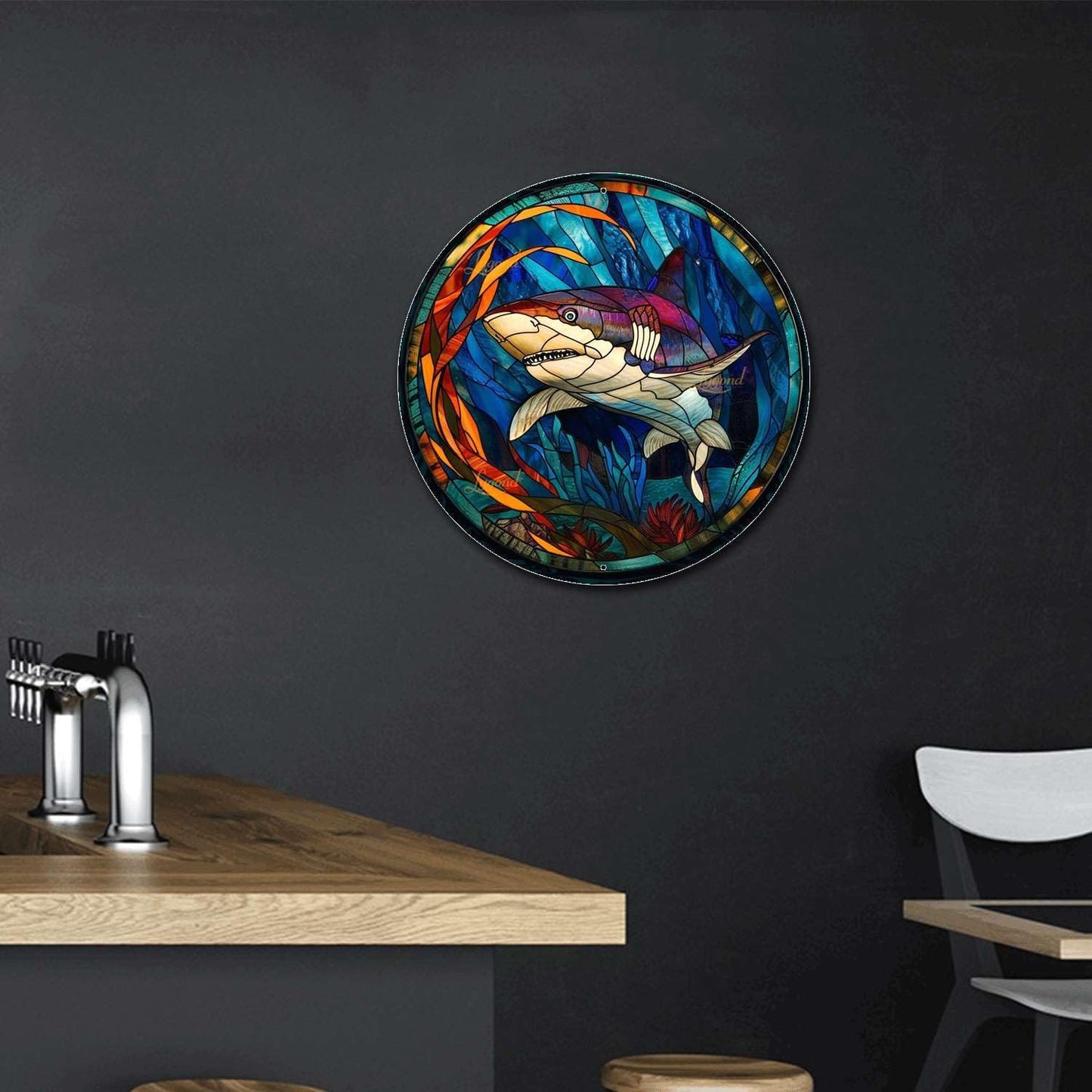 Lygond Metal Sign Tin Sign Circular Stained Glass Shark2 Home Deccor Store Home Decor for Patio 12×12 Inches