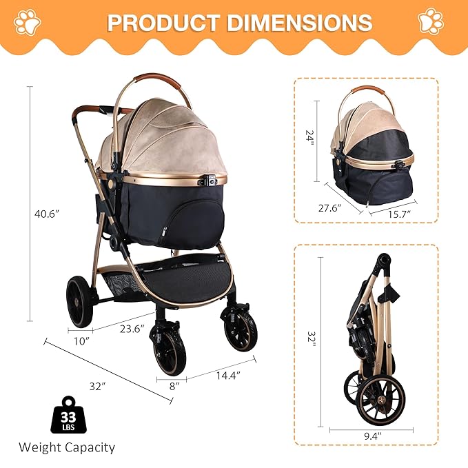 Dog Stroller for Small Medium Dogs, 3 in 1 Folding Pet Stroller Up to 33 lbs, 4 Wheels Pet Strolling Cart with Zipperless Entry, Cat Dog Travel Carrier with Cup Holder & Storage Basket