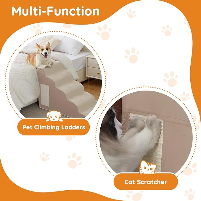 Pet Stairs, Dog Stairs for Small Dogs, Dogs Steps, 5-Step Curved Dog Ramp for Bed, Couch, Sofa, Car and Chairs, Non-Slip Bottom Design, Cat Scratching Board, High Density Foam Portable Pet Step, Beige
