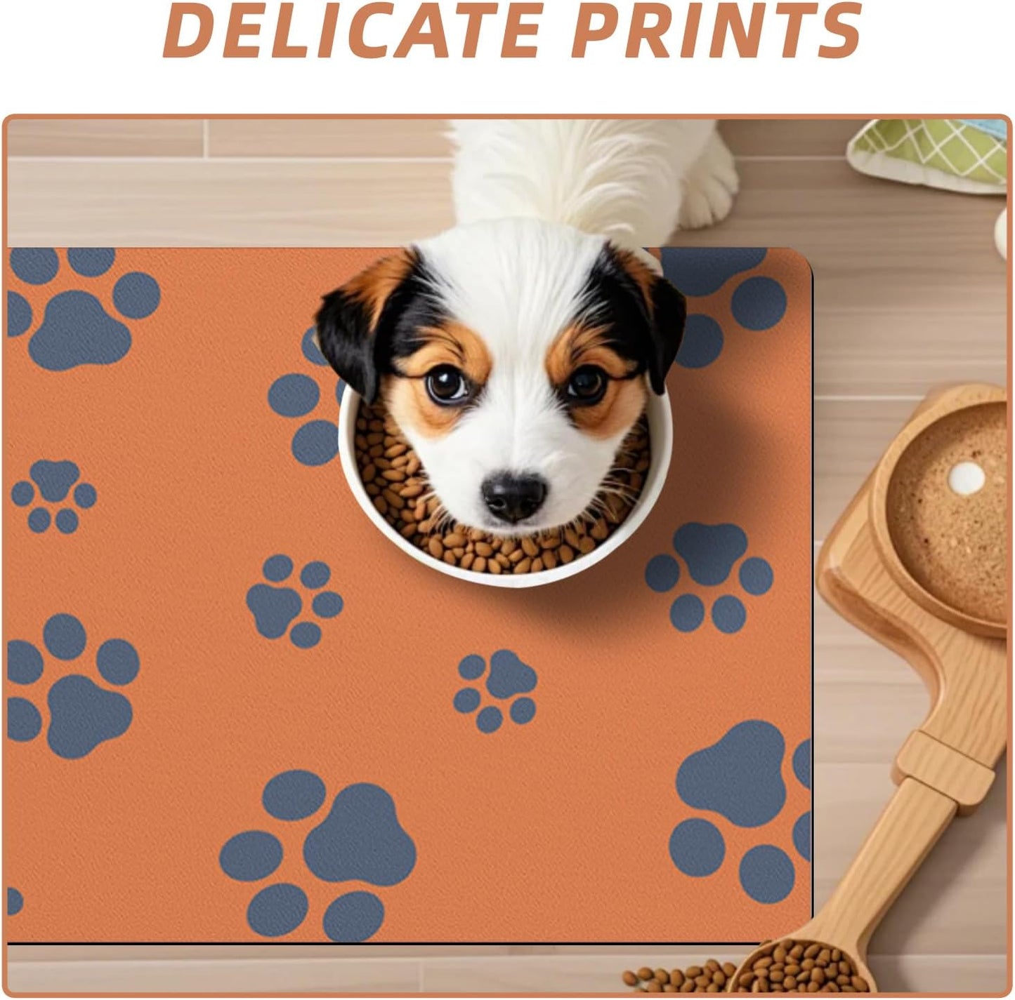 18"×30" Dog Food Mat-Absorbent Dog Mat for Food and Water, No Stains Quick Dry Cat Dog Food Bowl Mat Non Skid Dog Feeding Mat with Footprints for Messy Drinkers Orange