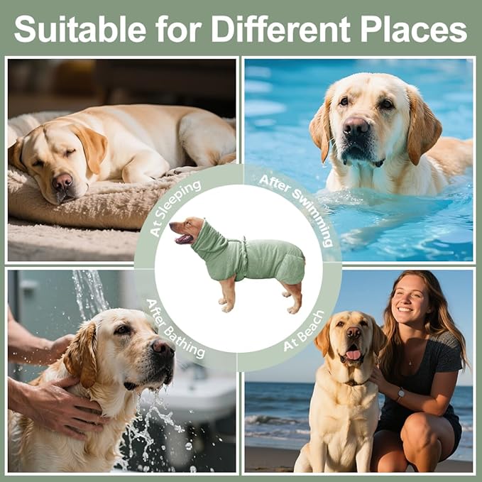 Medium to Large Size Dog Bathrobe, Quick Drying Super Absorbent Used for After Bathing, Warm Dog Towels, Adjustable Hoodies and Belts for Pet Dogs Bath Clothes Products(Green Jacquard, 5XL)