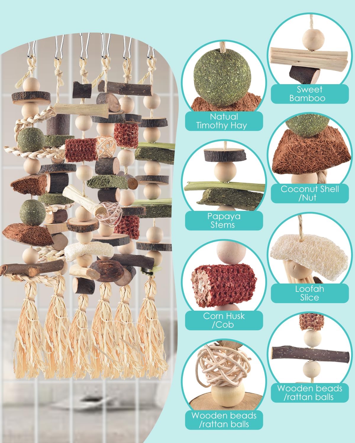 6PCS Bunny Chew Toys, Hamster Rabbit Cage Hanging Chew Toys, Natural Apple Wood Bunnies Treats, Improve Small Animal Teeth Health for Guinea Pig Chinchilla Ferret Rats Gerbil