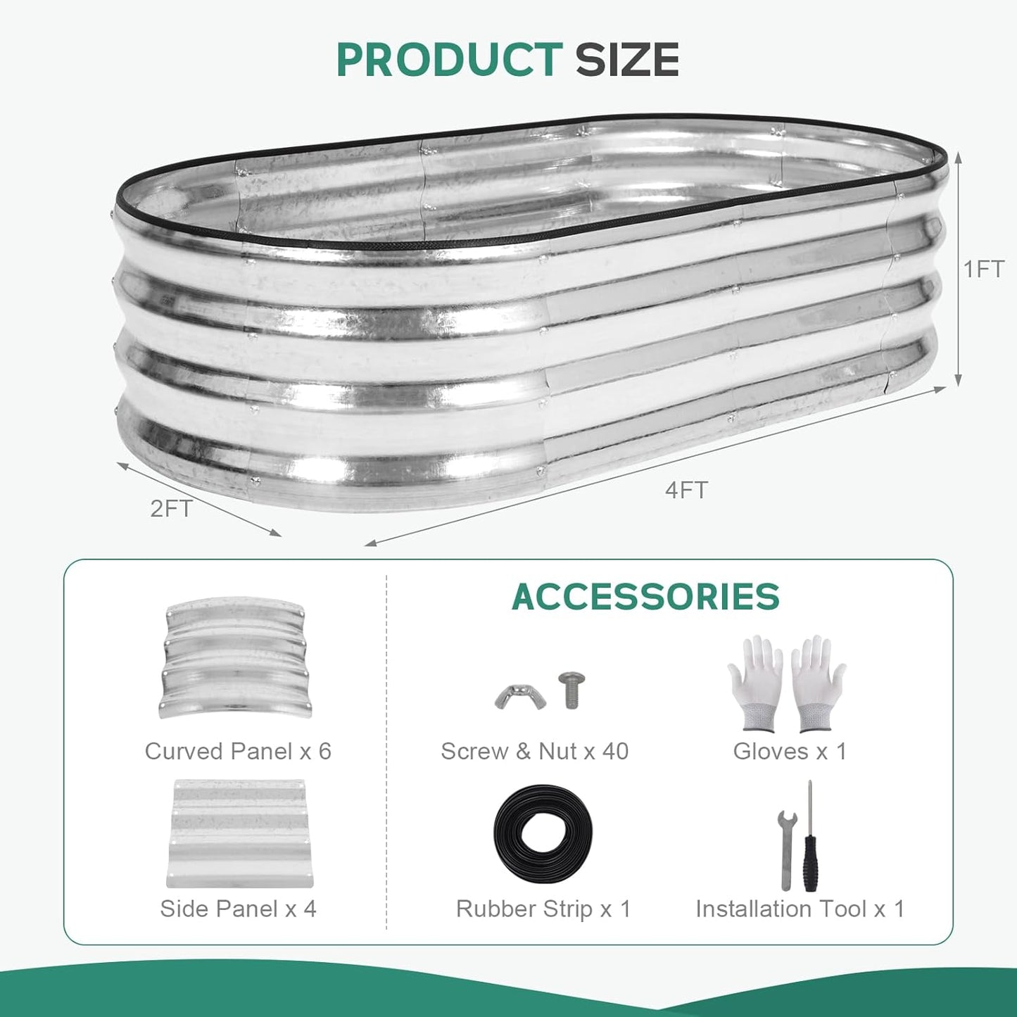 Galvanized Raised Garden Bed - 4×2×1ft (2 Packs) Planter Raised Beds for Gardening | Oval Metal Garden Planter Box with Safety Edging and Gloves for Vegetables Fruits and Flower - Silver