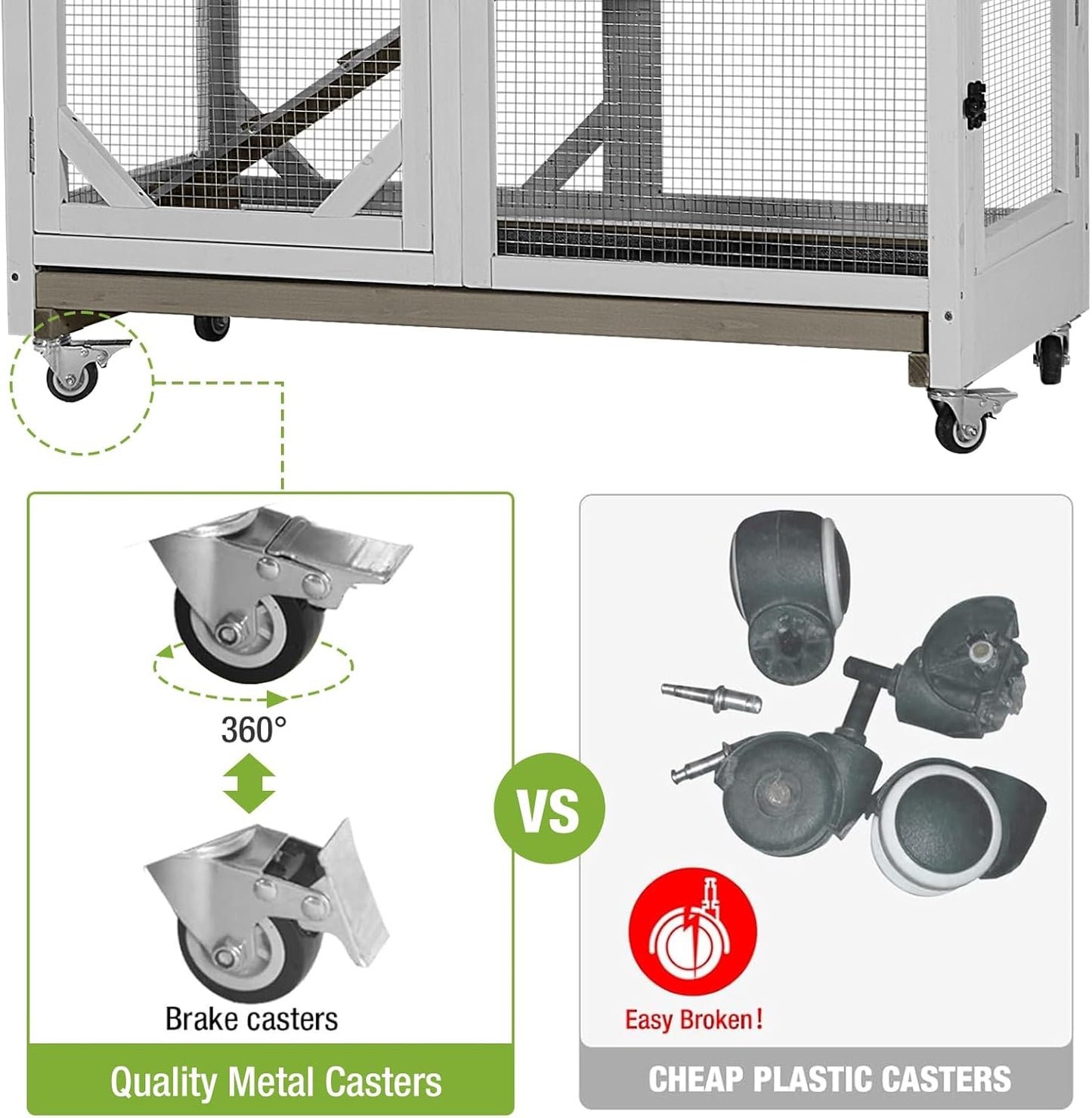 GUTINNEEN Rabbit Hutch Indoor Mobile Bunny Cage with Run Wooden 2 Story Guinea Pig Cage Outdoor for Small Animals with Wheels,Two Deeper No Leak Trays(Grey)