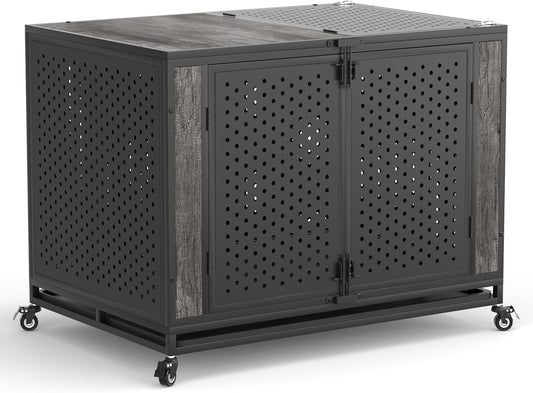 42" Heavy Duty Dog Crate Furniture for Medium and Large Dogs, Enclosed Design with 0.5 inch Holes, Indestructible Metal Kennel for High Anxiety Dogs, Chew Proof Indoor Pet House Cage, Gray