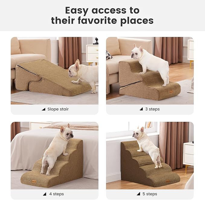 Gardner Pet Dog Stairs for Small Dogs 22.8" H, 5-Step Brown Curved Pet Stairs, Dog Steps for High Bed, Couch (24-30 in) with Durable Non-Slip Waterproof Fabric Cover and CertiPUR-US Certified Foam