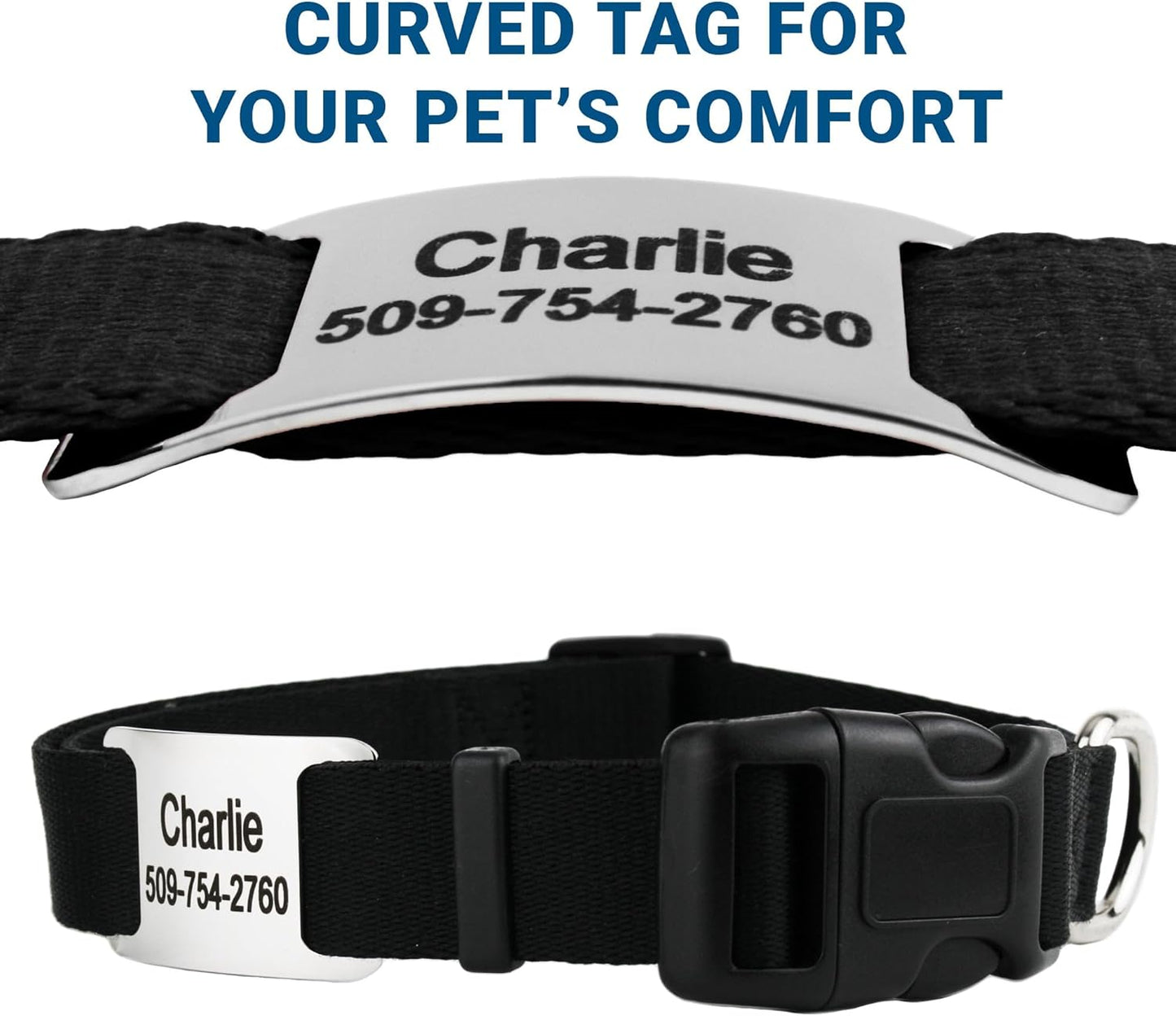 GoTags Reflective Personalized Dog Collar with Nameplate, Adjustable Dog Collar with Custom Engraved Steel Slide On Pet ID Tag, Silent, No Noise Dog Tag for Large Medium or Small (Light Blue, Small)