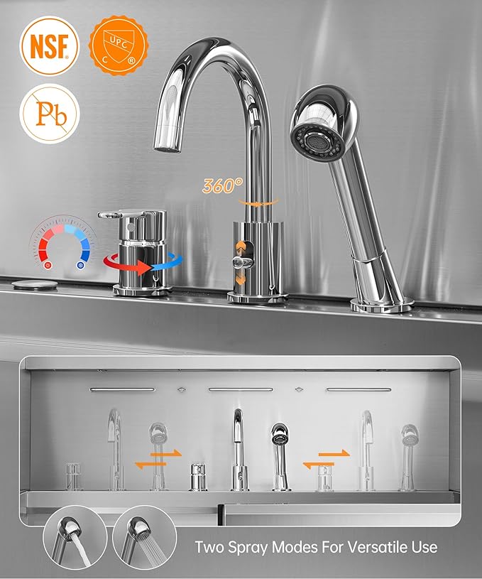 POLIMO Dog Washing Station, LED Professional Stainless Steel Dog Bathing Station 61", Dog Grooming Tub for Large, Medium & Small Dog - with Window, Ramp, Drawer, Floor Grate & Faucet (Right RAMP, 61")