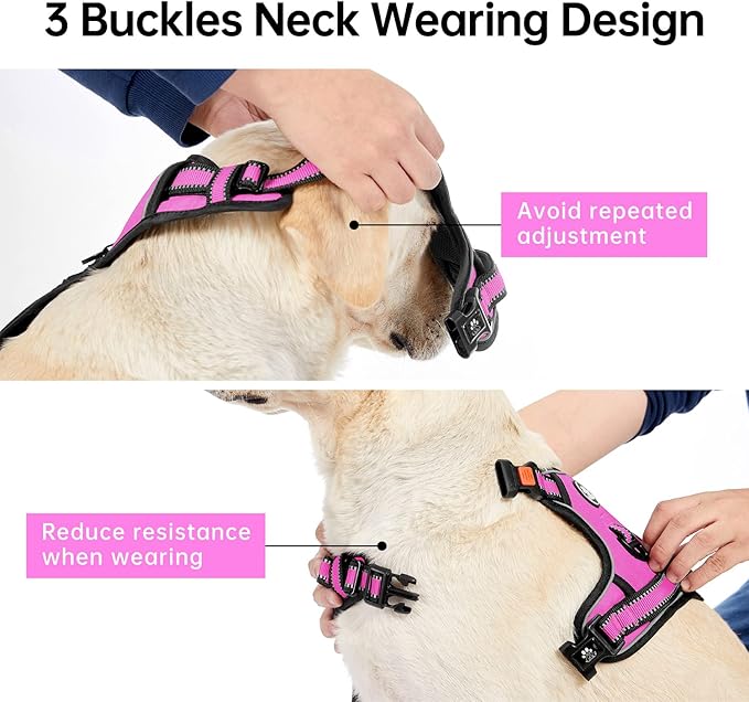 IVY&LANE No Pull Dog Harness for Large Dogs, Dog Vest Harness with Leash, Safety Belt and Storage Strap, Fully Adjustable Harness, 360° Reflective Strip, Soft Handle (Fuchsia Pink, XL)