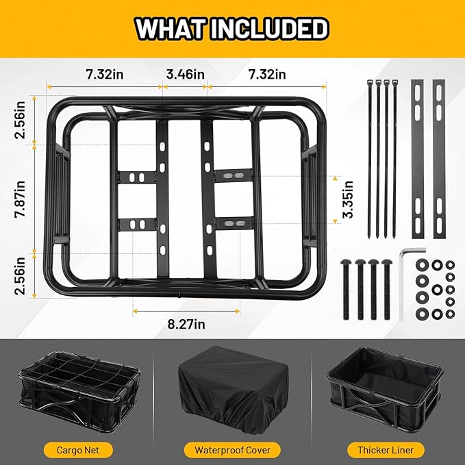 Heavy Duty Rear Bike Basket for Adults, Bicycle Cargo Basket with Removable Liner, Waterproof Cover & Cargo Net, Universal Fit for E-Bike, Mountain Bike, Dog Carrier