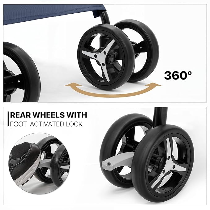 MoNiBloom 4 Wheels Pet Stroller, Easy-Fold Puppy Cage Jogger Stroller with Sun Cover, Pad and Rear Storage Bag, Breathable and Visible Mesh for Small/Medium Pets up to 22 lbs, Navy Blue