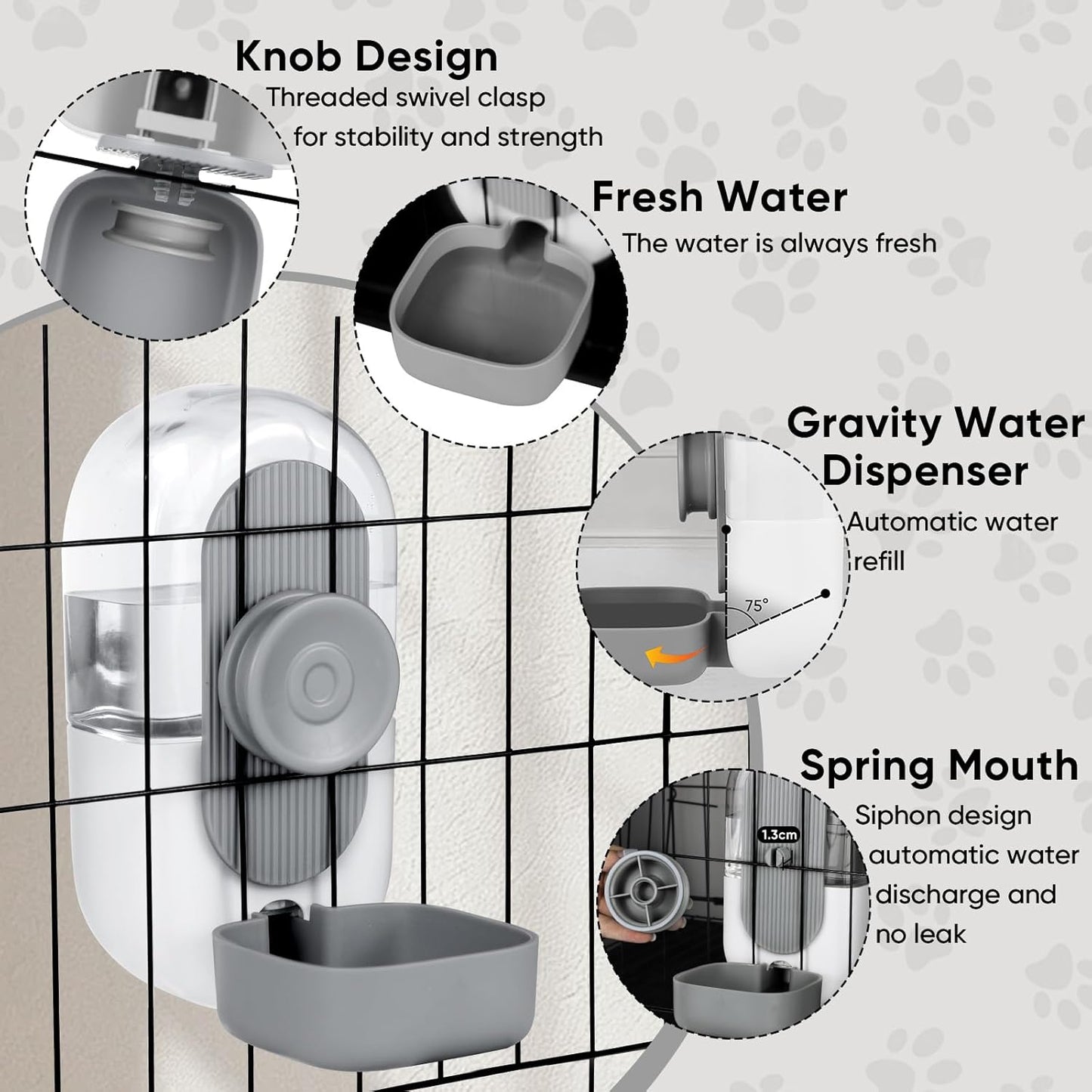 28oz Hanging Automatic Water Dispenser，Rabbit Water Bottle,Bunny Guinea Pig Ferret Water Bowl for Cage,Suitable for Small Animal Puppies(Cage Grid Spacing Over 1.2'') (Gray)
