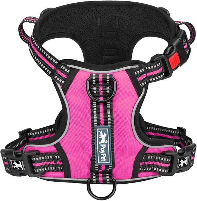 PoyPet No Pull Dog Harness, No Choke Front Clip Reflective Dog Vest with Soft Padded Vertical Handle, 3 Leash Attachments for Small Medium Large Dogs (Pink,L)