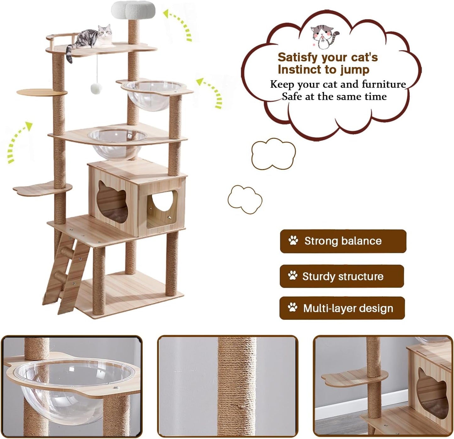 67-Inch Cat Tree for Indoor Cats Large Adult,Cat Tree Tower with Condo, Cat Stairs, 2 Bowl,14 Sisal Scratching Posts, Top Perch, with Padded Platform Bed,Toy Balls,Larg Large cat Tree.B12