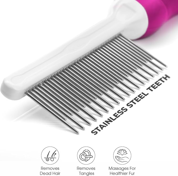 Poodle Pet Detangling Pet Comb with Long & Short Stainless Steel Teeth for Removing Matted Fur, Knots & Tangles – Detangler Tool Accessories for Safe & Gentle DIY Dog & Cat Grooming (Pink)