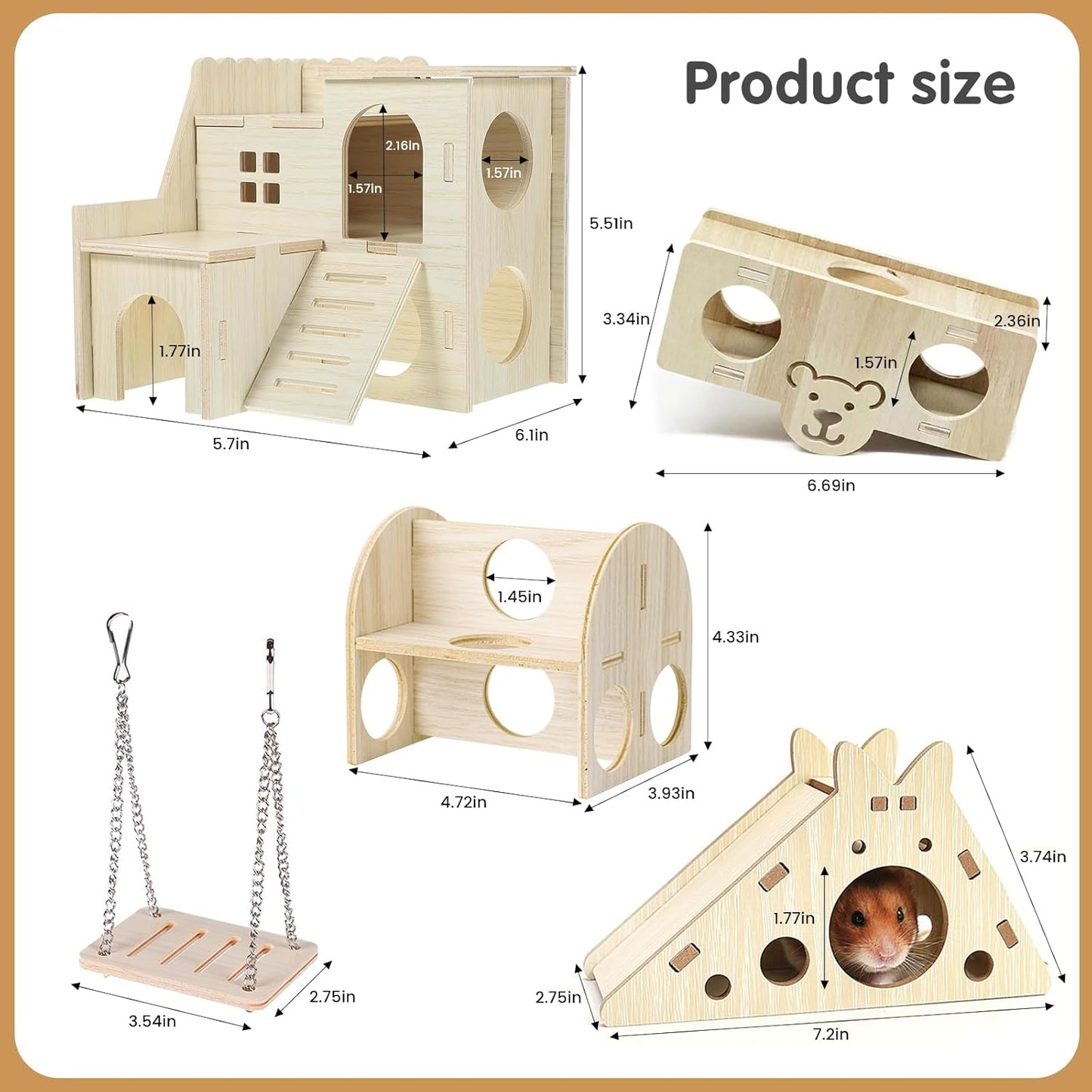 Hamster Toys 5-Piece Set ，Hamster House, Swing, Climbing Ladder, Seesaw & Exercise Wheel，Pet DIY Sport Exercise Toys Set, Small Animal Habitat Accessories ，Gerbils, Mice（Natural Wood）
