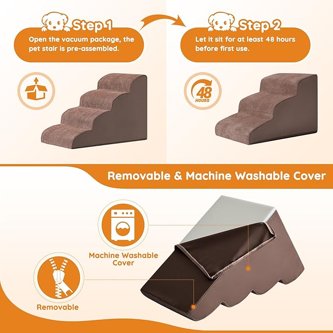 Pet Stairs, Dog Stairs for Small Dogs, Dogs Steps, 3-Step Curved Dog Ramp for Bed, Couch, Sofa, Car and Chair, Non-Slip Bottom Design, Cat Scratching Board, High Density Foam Portable Pet Step, Coffee