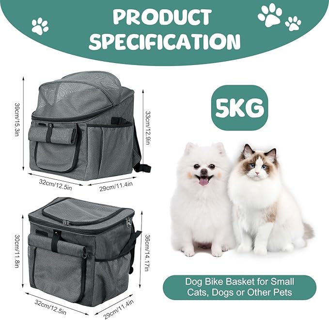 Qivine Dog Bike Basket, Oxford Cloth Dog Basket for Bike with Adjustable Mesh Windows, 11 Lbs Portable Dog Carrier for Bike with Widen Shoulderpad, Bicycle Basket Bag for Dogs and Cats