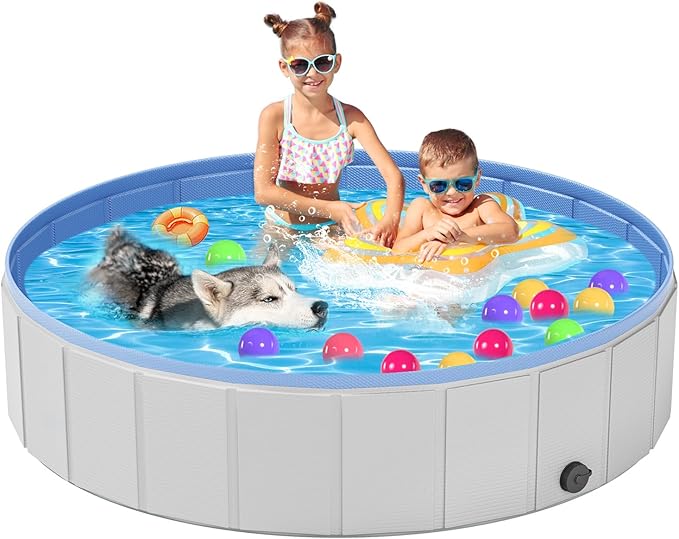 Portable Dog Pool PVC Pet Swimming Hard Plastic Pool Bathtub Collapsible Dog Poo for Pets to Swim and Bath (XL-63"x 12" Light Grey)