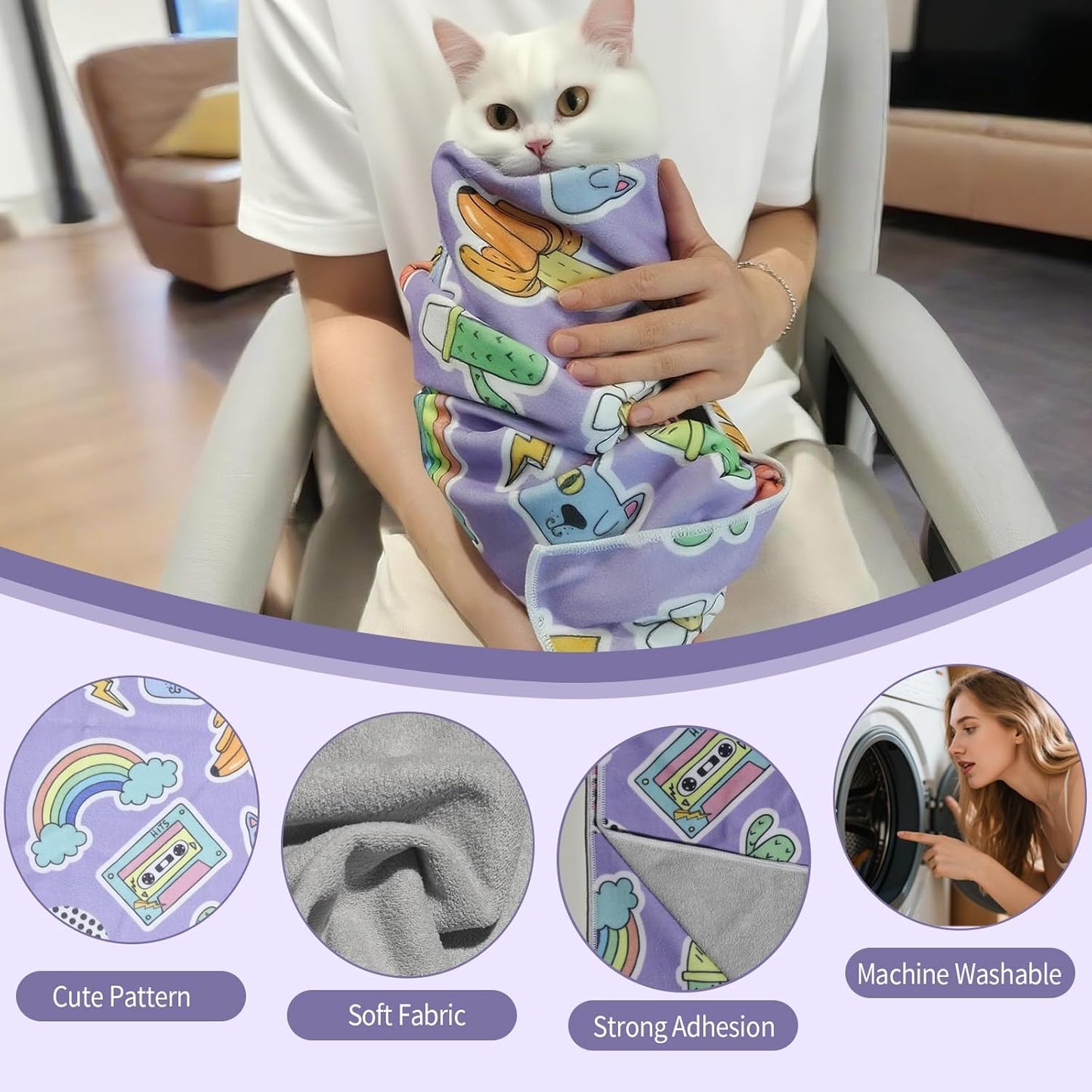 27.6" Cat Grooming Wrap,Self-Adherent Cat Wrap for Cutting Nails,Anti-Escape Cat Swaddle Wrap,Multifunctional Anti-Scratch Cat Restraint Wrap for Medicine,Nail Clipping,Ear Cleaning(Within 15lbs)