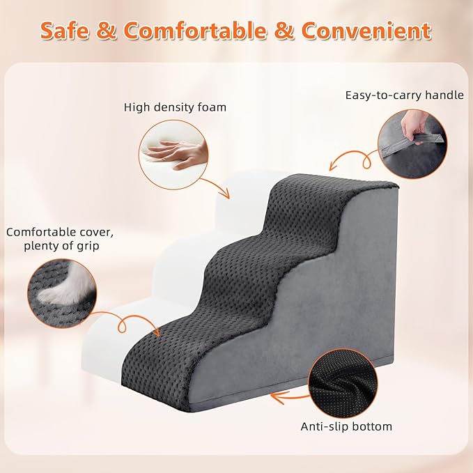 MIHIKK Dog Stairs Ramp, Curved 3-Step Dog Steps for Small Dogs and Cats, Pet Stairs for High Beds and Couch with Anti-Slip Washable Cover and Durable High Density Foam, Dark Grey