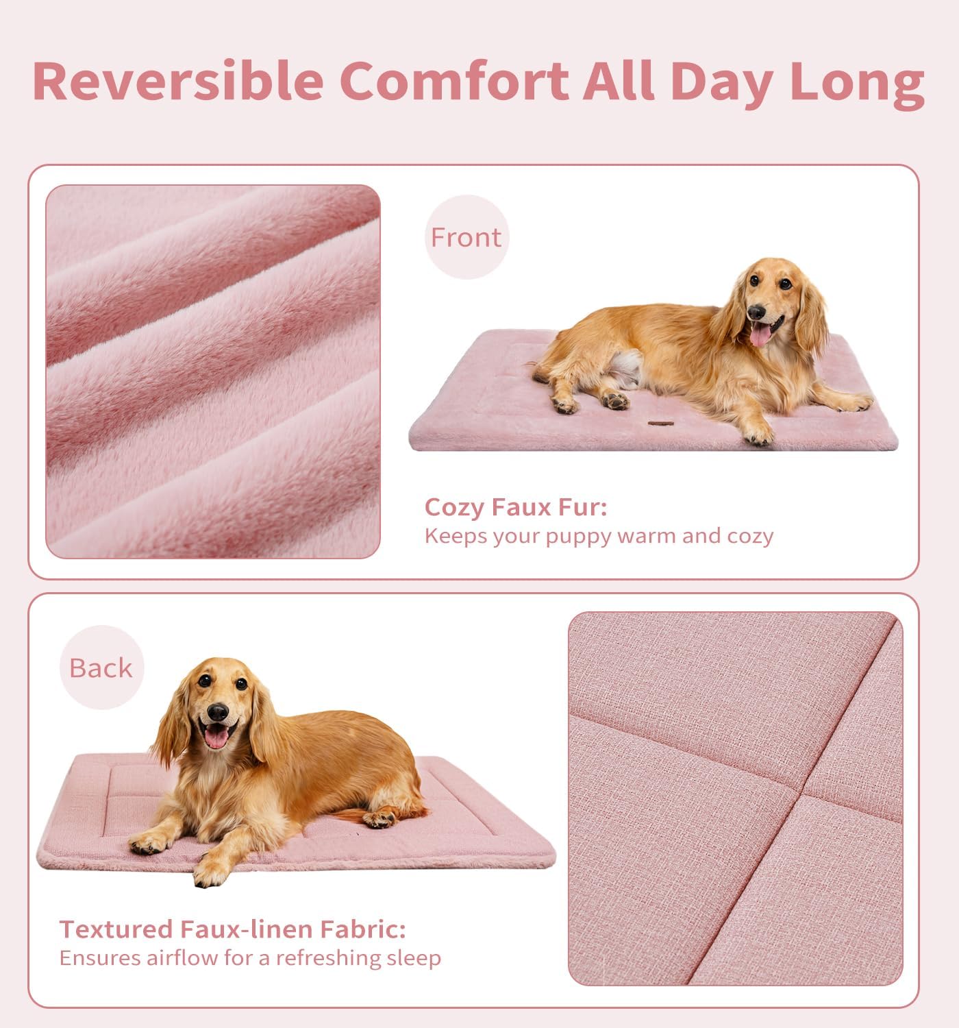 MADE 4 PETS Dog Crate Pad Bed for Large Dogs, Washable & Reversible, Anti-Slip Kennel Mat for Cozy Sleeping, Soft Fluffy Dog Bed for Indoor & Outdoor Use, 41"x29", Pink