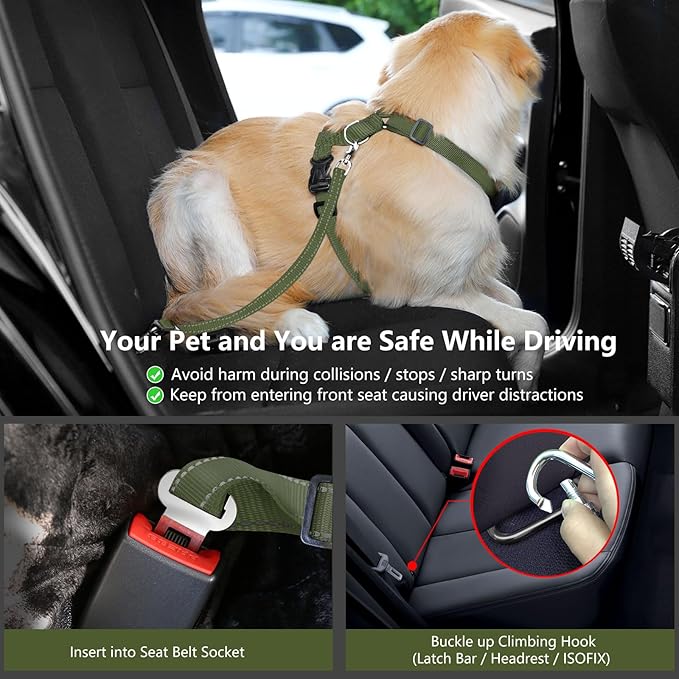 Dog Seat Belt Harness for Car, Dog Car Harness Adjustable Mesh Breathable & Dogs Seatbelt Safety Tether with Elastic Bungee for Small Medium Large Pets(Army Green, XL)