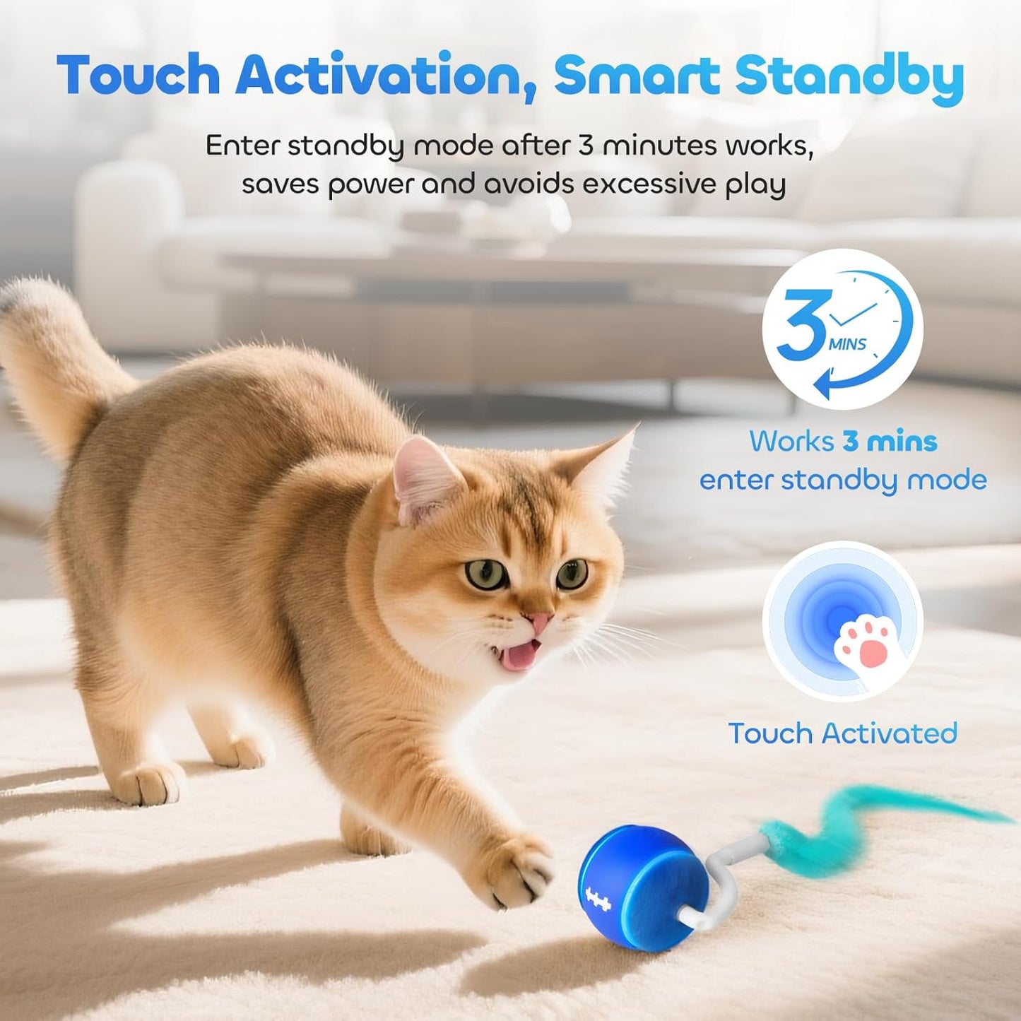 Interactive Cat Toy Ball, Automatic Cat Toys for Indoor Cats, Motion Activated Kitten Toys with 2 Replacement Tails, 3 Modes, USB Rechargeable, Moving Cat Toys for Enrichment Exercise(Blue)