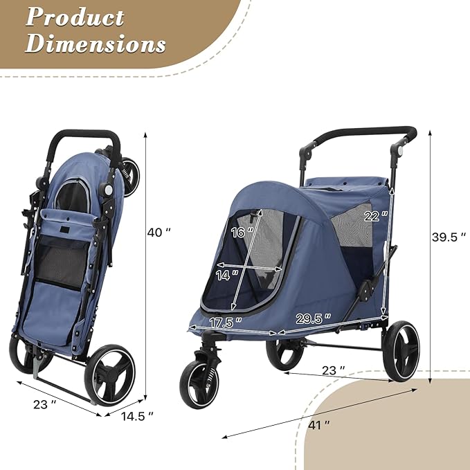 Athena Collection 3 Wheels Pet Stroller Fabric Dog Cart Dog Stroller for Large Dogs 55 Lbs Pet Stroller with Mesh Windows, Zipper Back Pocket, Safety Tether, Angle Adjustable Handlebar, Navy Blue