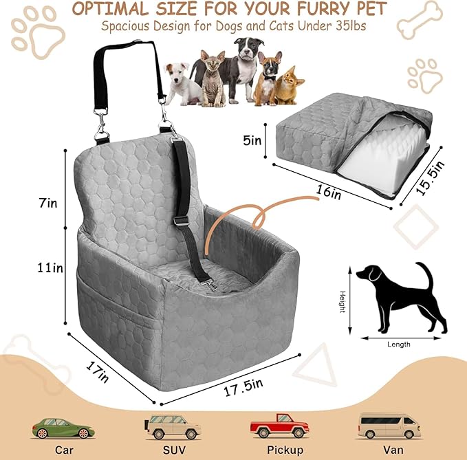 Dog Car Seat for Small/Medium Dogs - Dog Booster Seat with Safety Straps & Non-Slip Base, Travel Pet Car Seat with Storage Pockets, Washable & Removable, Suitable for Dogs Under 35 lbs (Gray)