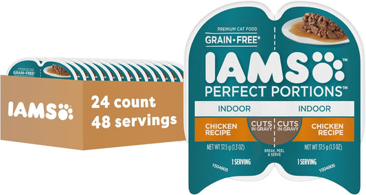 IAMS Perfect Portions Indoor Adult Wet Cat Food Cuts in Gravy, Chicken Recipe, 2.6 oz. Easy Peel Twin-Pack Trays (24 Count, 48 Servings)