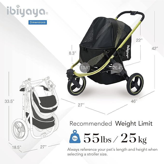 ibiyaya The Beast Pet Jogging Stroller for All Terrains, 3-Wheel Dog Carrier with Double Breaks, Zipperless Large Stroller for Running & Hiking, Multiple Small Dogs, Medium Dogs, or Cats (Jet Black)