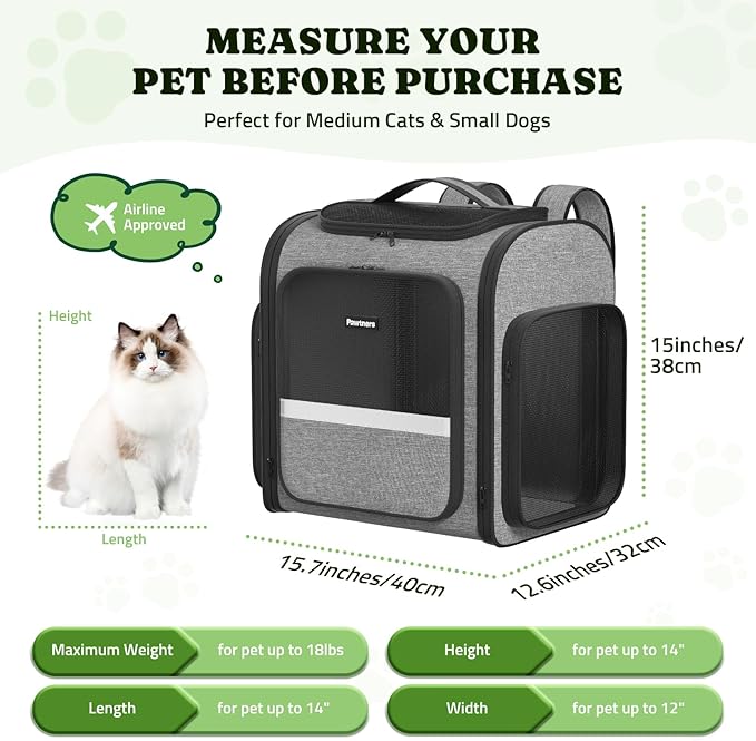 Pawtners Dog Backpack Carrier Large Pet Carrier Backpack for Kitten Small Dogs Puppies & Large Cats Up to 18 Lbs, Breathable Dog Backpack with Anti-Scratch Mesh, Ventilated Design, Perfect for Travel