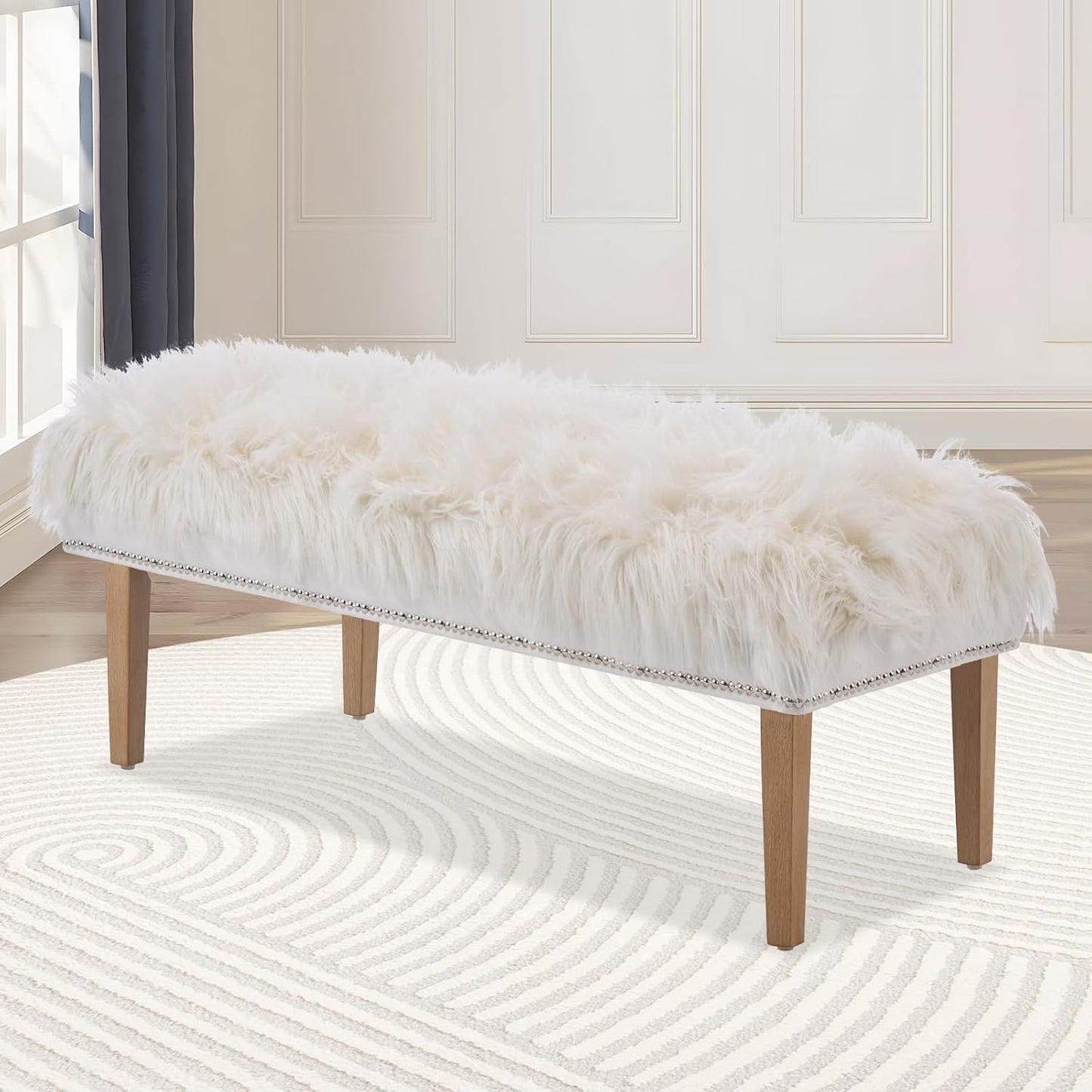 46 Inch White Bedroom Bench, Modern Multi-Purpose Bench with Wooden Legs, Faux Fur Upholstered, 3-Seater, 220 lbs Weight Capacity